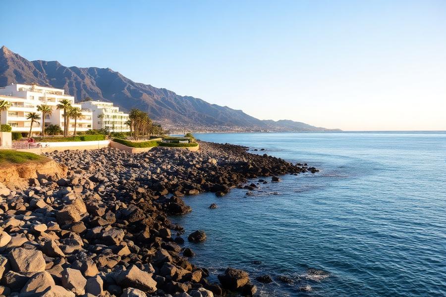 Felsige Küste und weiße Apartmenthäuser in Costa del Silencio, Teneriffa