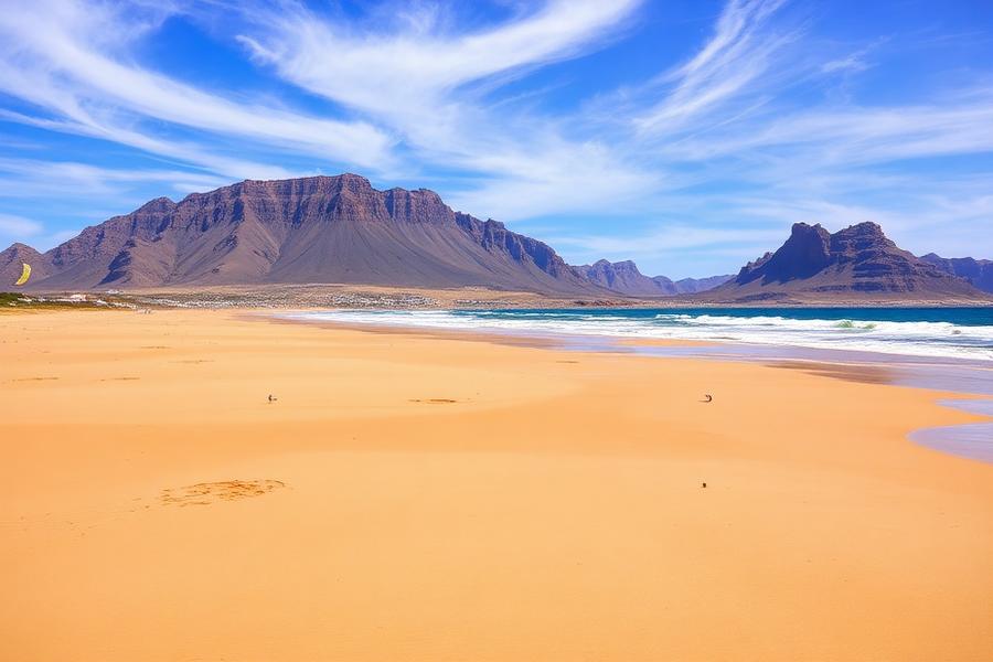 Breiter Sandstrand mit Montaña Roja im Hintergrund bei El Médano, Teneriffa
