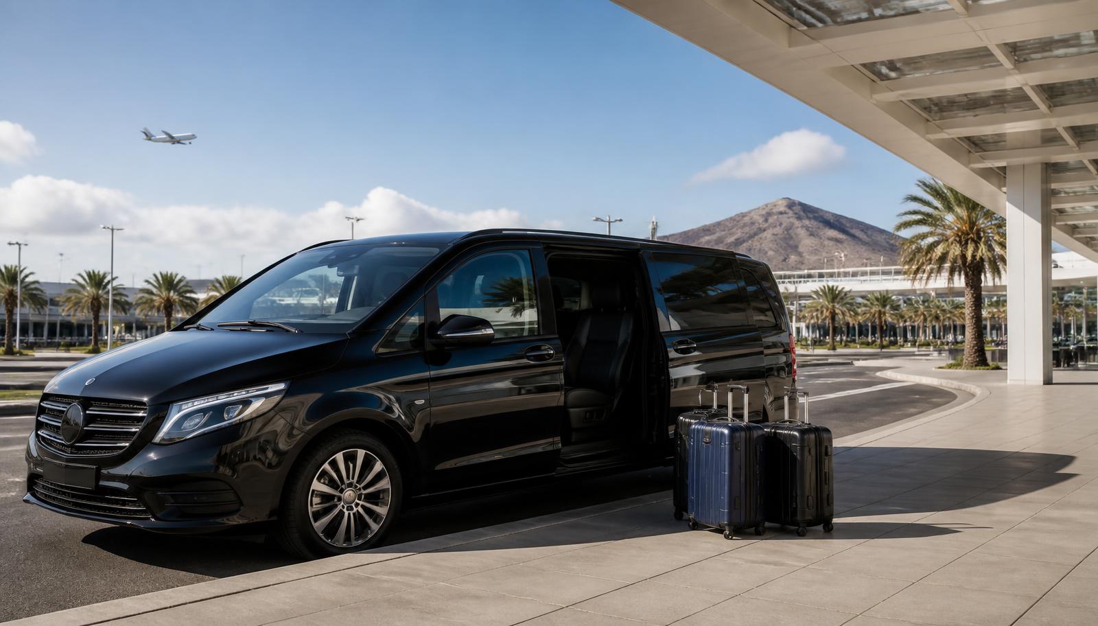 Minivan de traslado privado esperando en el aeropuerto de Tenerife